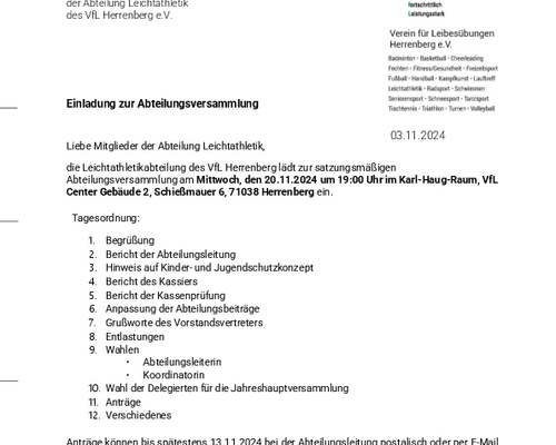 Einladung zur Abteilungsversammlung am 20.11.2024 im Karl-Haug-Raum (Gebäude 2) 